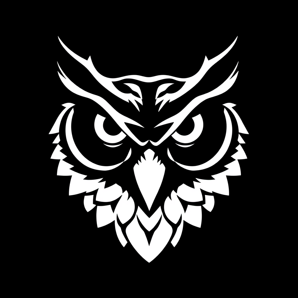 Main logo studio: Create a centered, front-facing owl head logo. The entire owl head must be a solid pure black (#000000) silhouette. No visible beak, feathers, outline