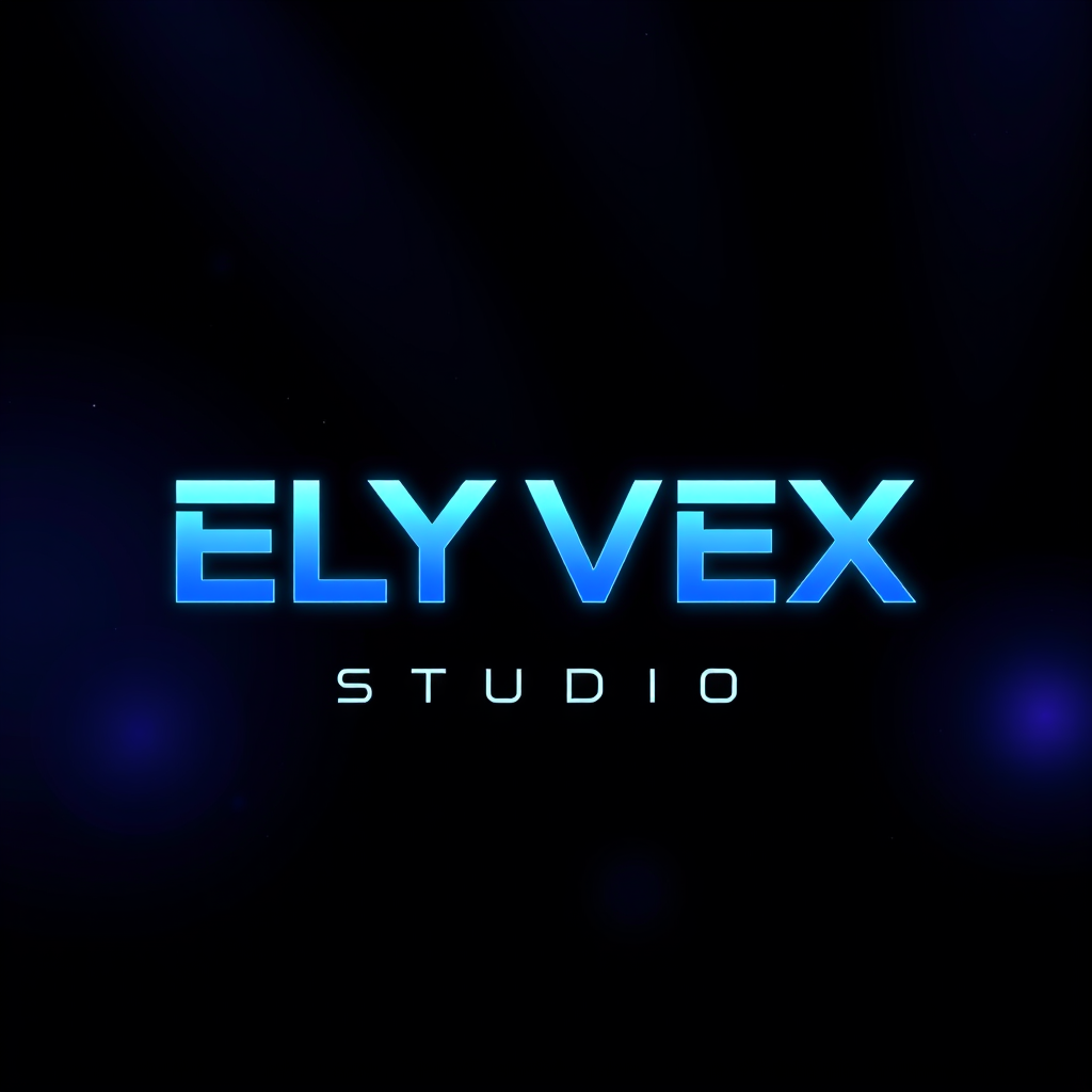 Main logo studio: Create a futuristic Roblox game development studio logo for “Elyvex Studio”. Use a dark space background with subtle stars and blue-purple neon lighti