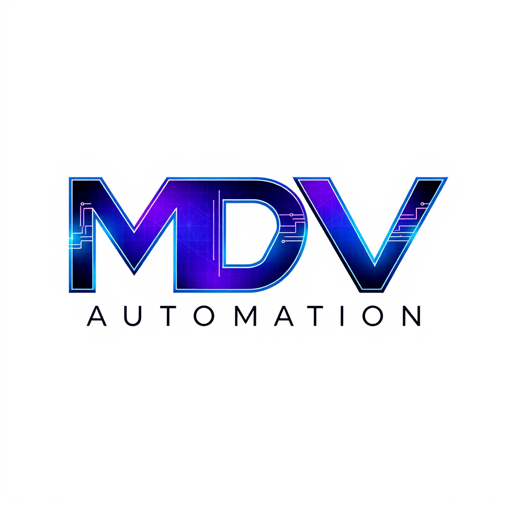 Main logo studio: Premium MDV Automation logo. Create ONE single connected monogram with M+D+V fully visible, complete, equally bold and readable. M, D and V must physi