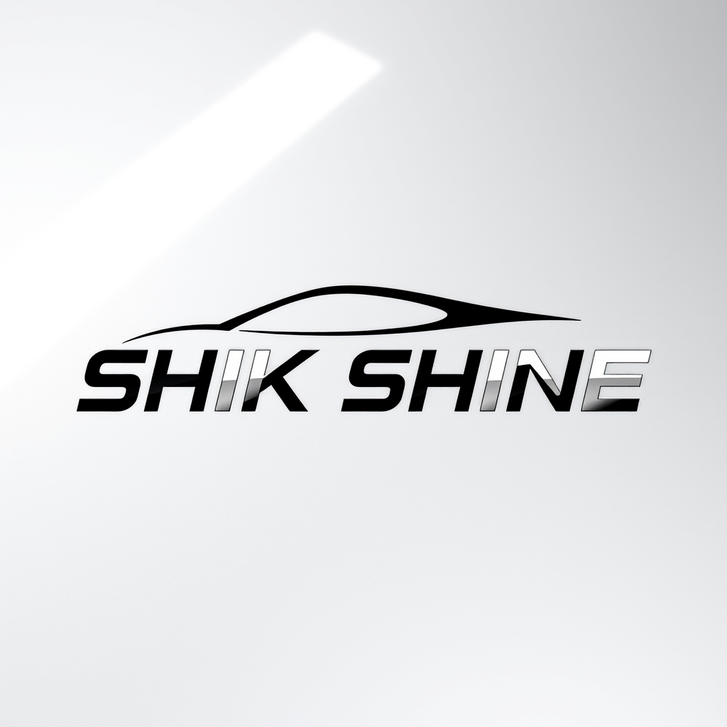Main logo studio: Create a premium, original automotive detailing brand logo for “SHIK SHINE”. Minimal, sophisticated and realistic, black and metallic silver, inspired