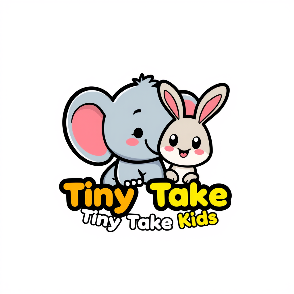 Cartoon Logo idea: cartoon style logo for Tiny Take Kids, cute baby elephant and little bunny, colorful children's cartoon logo, bright playful colors, happy faces, clea
