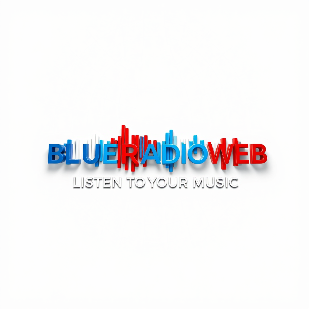 3D Logo idea: 3D logo for BLUERADIOWEB LISTEN TO YOUR MUSIC a music tech brand, sound wave form white blue red , three-dimensional render, realistic depth and shado