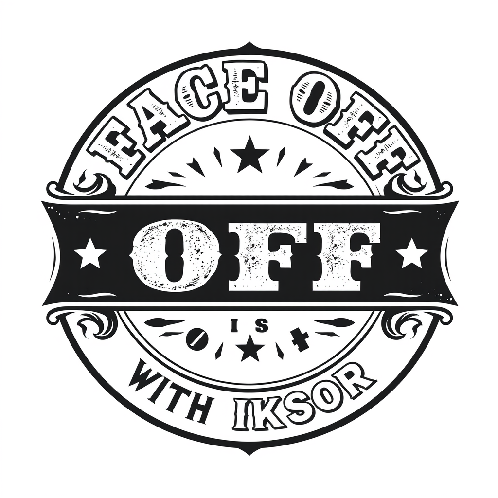 Vintage Logo idea: vintage retro logo for "Face Off with Iksor" With hollywood western style , classic retro design, aged typography, hand-drawn vintage illustration sty