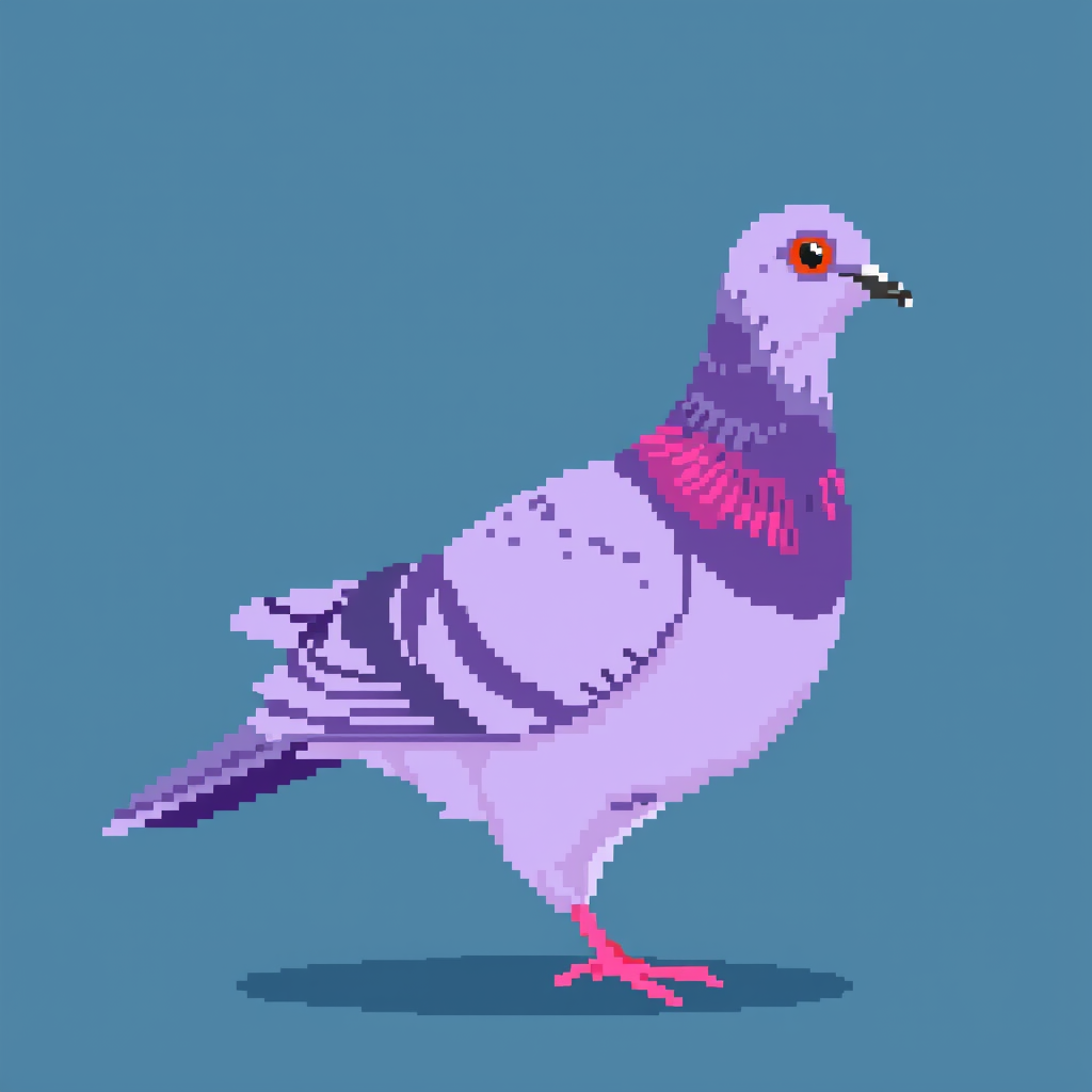 Main logo studio: pigeon in pixel art in pink and violet
