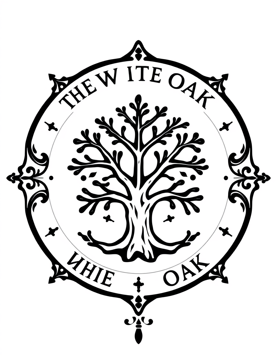 Emblem Logo idea: emblem logo of the white oak , intricate crest seal badge design, symmetrical emblem, detailed border ornament, flat vector logo, centered composition