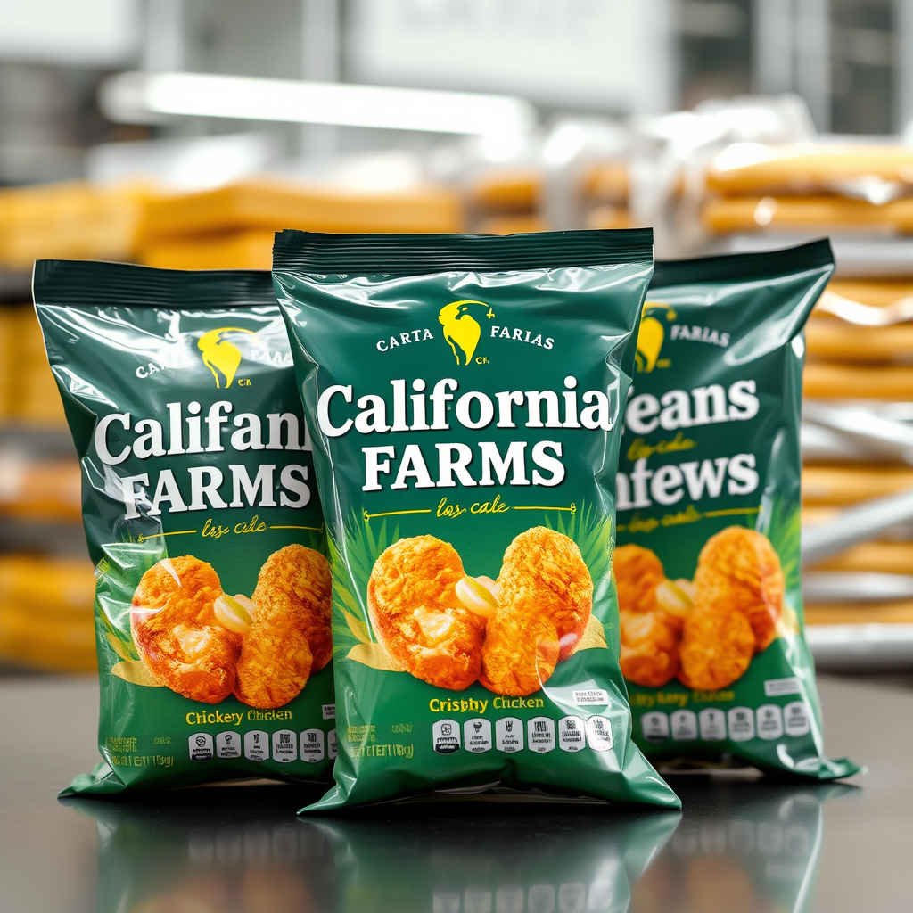 Main logo studio: California Farms Food industry las frozen chicken products like crispy and nuggets