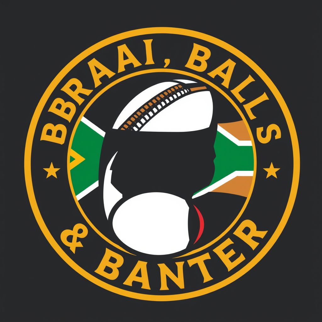 Main logo studio: Create a bold, memorable circular logo for a South African sports and humour brand called "Braai, Balls & Banter". The design should combine a rugby b