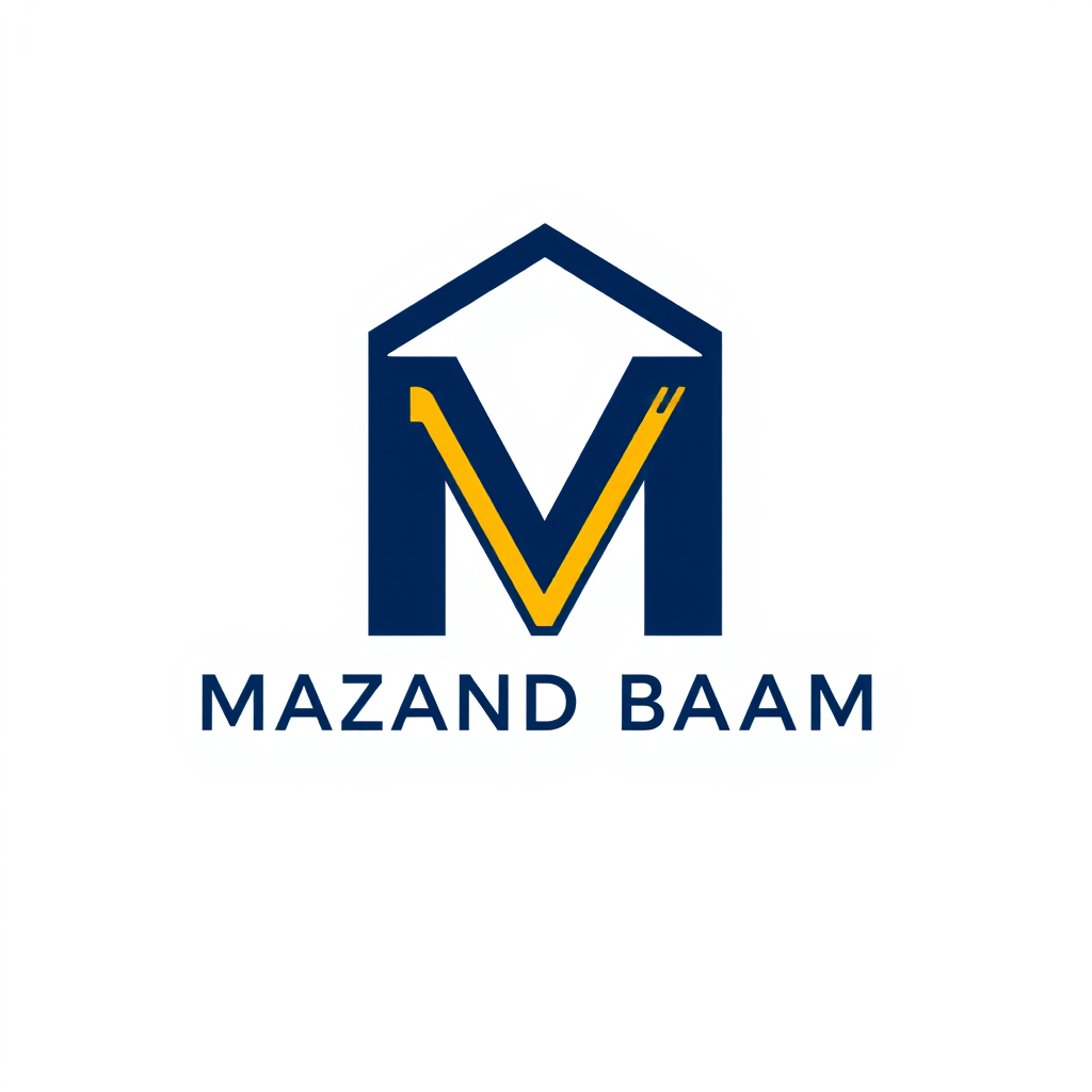Main logo studio: MBM logo for MAZAND BAAM. Small, compact and horizontally elongated for an official letterhead. Short outer M letters, taller center B forming a subtl
