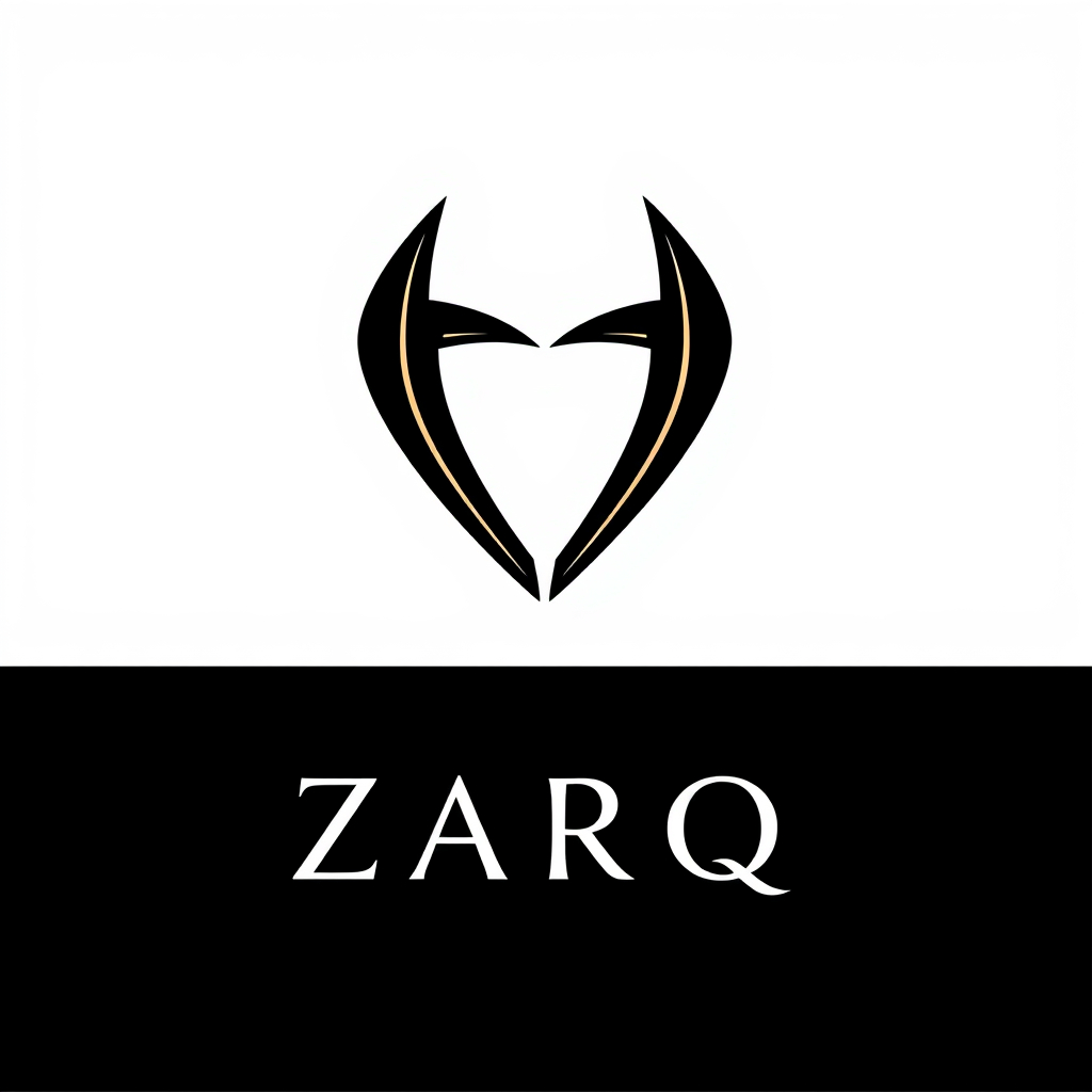 Main logo studio: ZARQ logo, a bold futuristic emblem made from two interlocking curved blades forming a unique four-point silhouette, subtle negative space, elegant bl