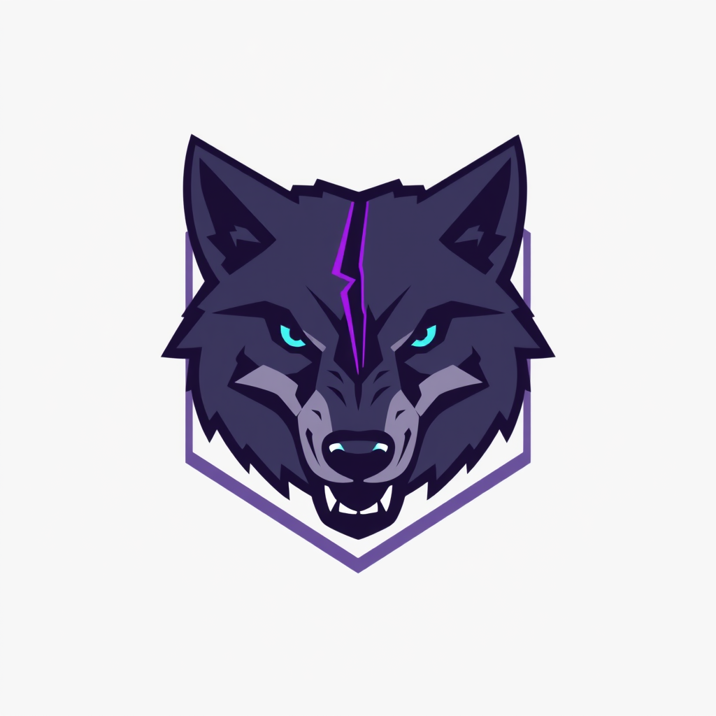 Main logo studio: Flat vector esports badge logo, NOT mascot clipart, NOT airbrush shading, NOT gradient shading. Front-facing symmetrical wolf head, minimal geometric 
