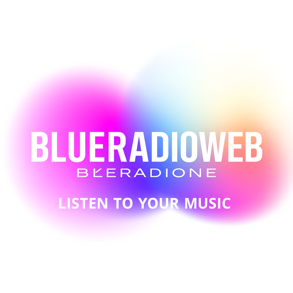 Gradient Logo idea: gradient logo for Générer un logo radio de forme allongée écrit en 3D en blanc BLUERADIOWEB avec le slogan LISTEN TO YOUR MUSIC , smooth color gradien