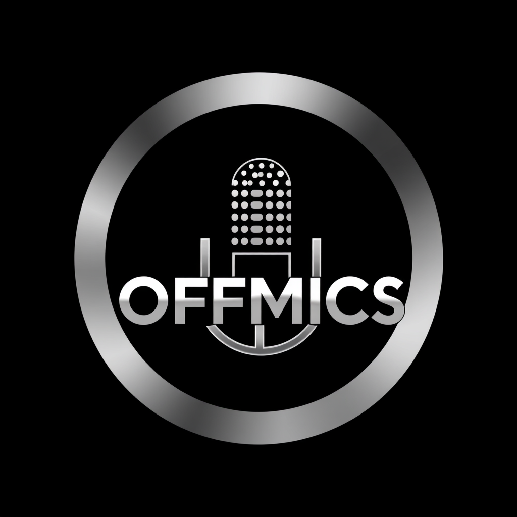 Main logo studio: Create a premium logo for the brand name “OFFMICS”. The exact word “OFFMICS” MUST be clearly visible and spelled correctly in the logo. Do not replace