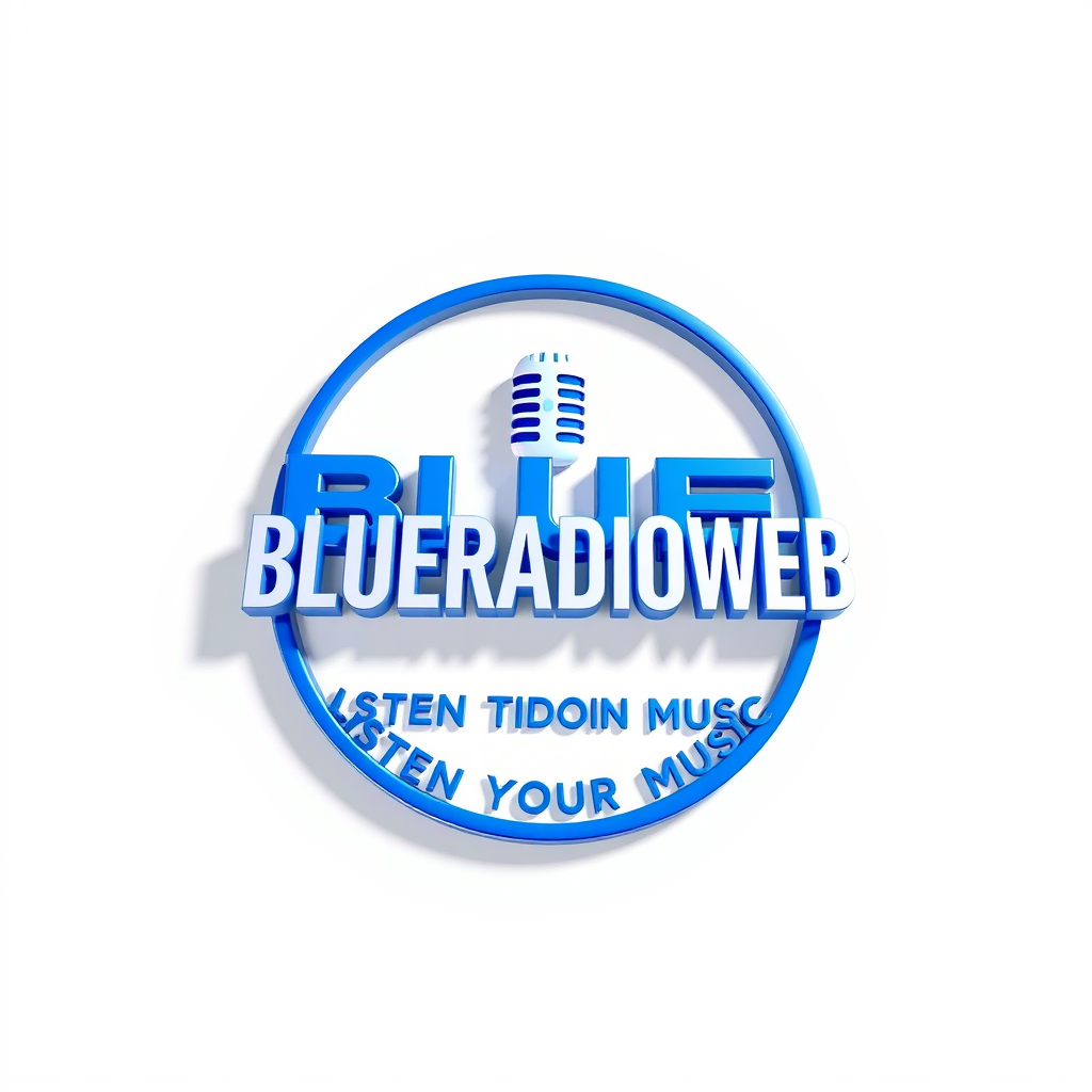 3D Logo idea: 3D logo for BLUERADIOWEB LISTEN TO YOUR MUSIC radio station white blue , three-dimensional render, realistic depth and shadows, glossy or metallic sur