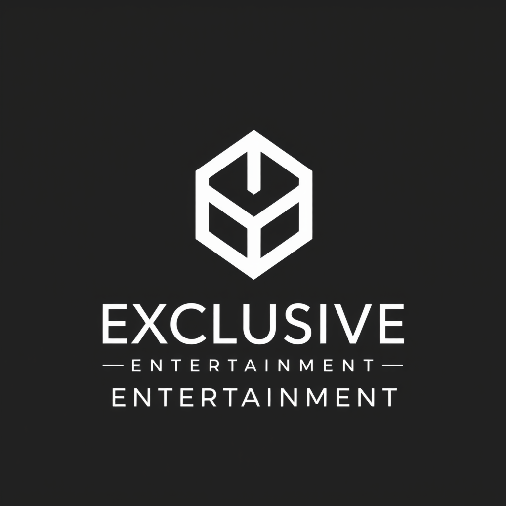 Main logo studio: Create a professional minimalist logo for EXCLUSIVE ENTERTAINMENT. Use a pure black background, bold white letters, and a unique geometric monogram co