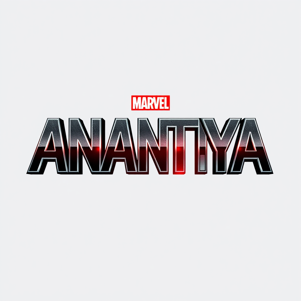 Main logo studio: Create an “ANANTYA” wordmark for a Marvel-themed event. The word ANANTYA must dominate the logo. Give the letters a cinematic superhero look with subt
