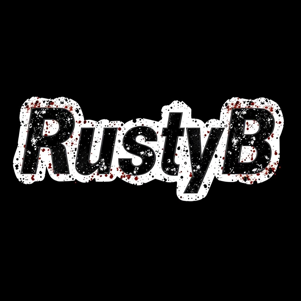 Main logo studio: "RustyB" on black and White, with a black metal font, motorbike style font, no block letters, letters are black and just white around the letters, and