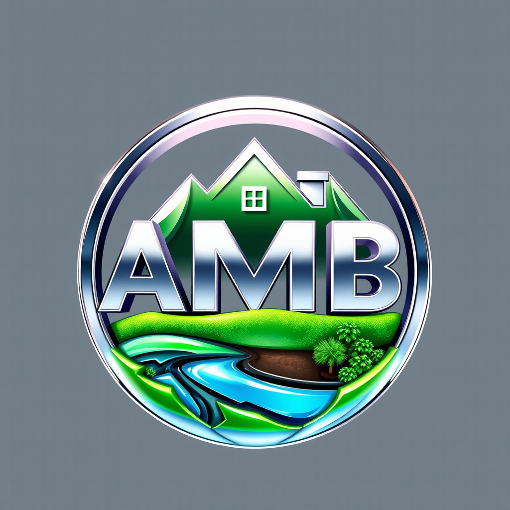 Main logo studio: Create a premium circular 3D PNG logo with transparent background for real estate, property, land and investment. Include "AMB" in bright white metall