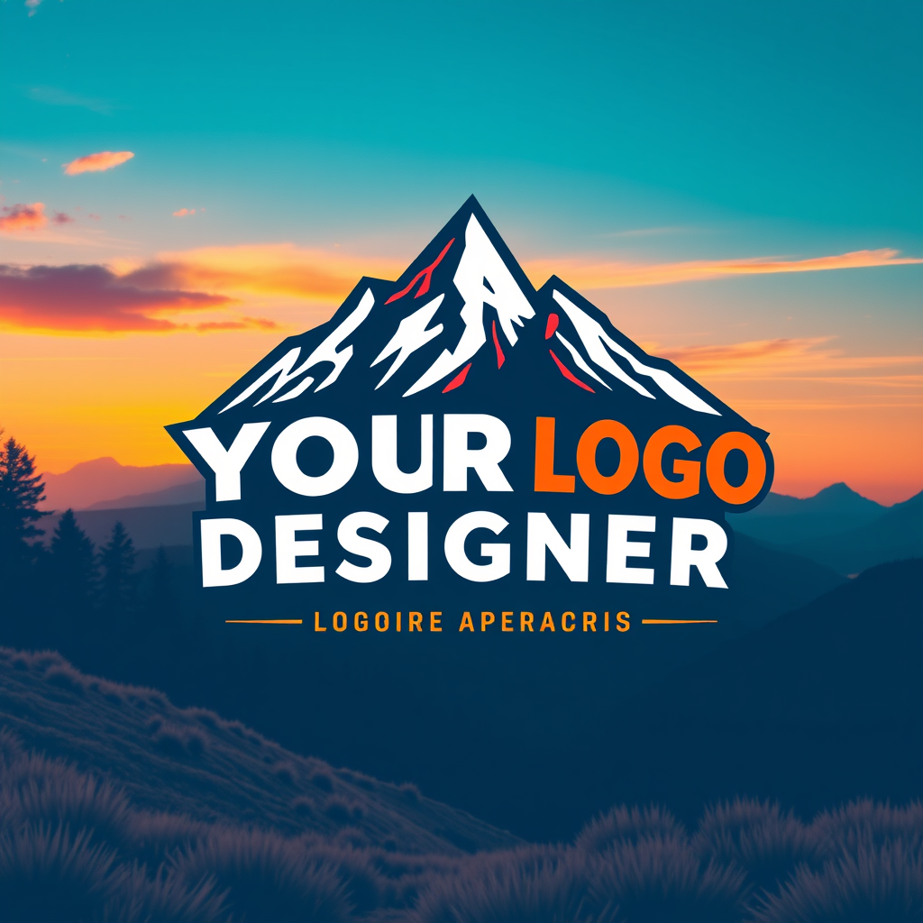 Main logo studio: Logo saying your logo designer with vibrant colors with a mountin and just like really professional