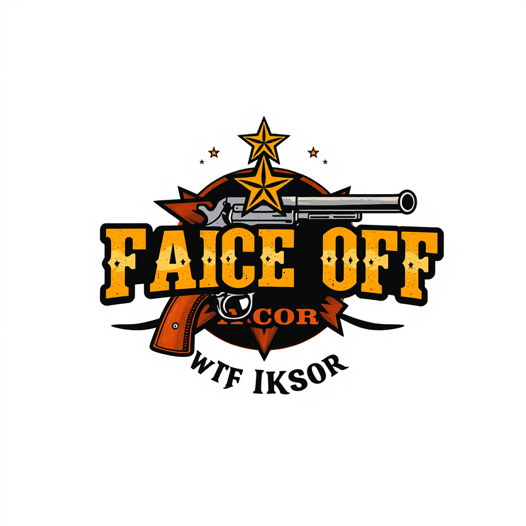 Vintage Logo idea: vintage retro logo for "Face Off with Iksor" With hollywood western style. For a vintage comic book. A colorful logo with gun, western font and a sher