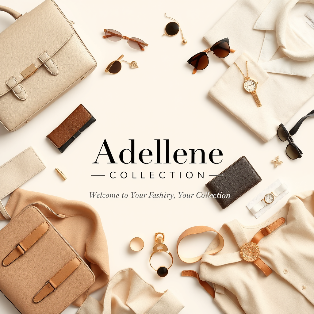 Main logo studio: Create a realistic elegant and classy fashion boutique welcome image for a brand called “Adellene Collection.” Use a sophisticated neutral color palet