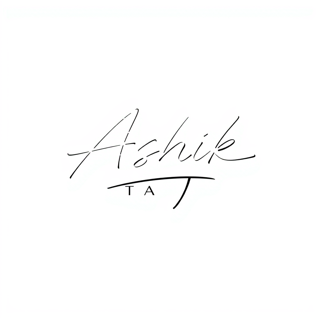Signature Logo idea: signature logo of the name Ashik TAJ's , elegant handwritten calligraphy, flowing script lettering, personal signature style, delicate pen strokes, fl