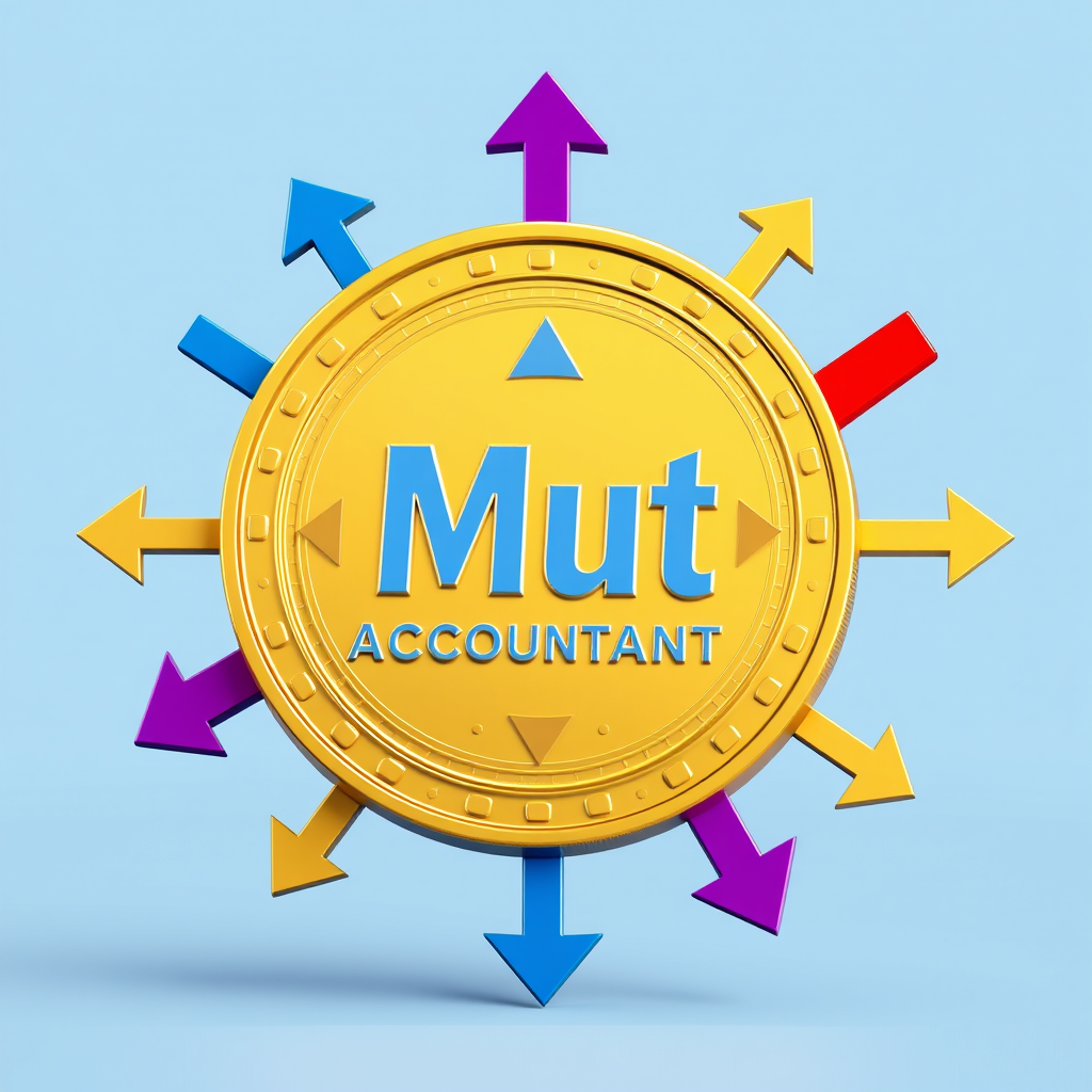 Main logo studio: Big gold coin with up arrows around it blues and red and purple and the words Mut Accountant inside the coin Mut being much larger than accountant