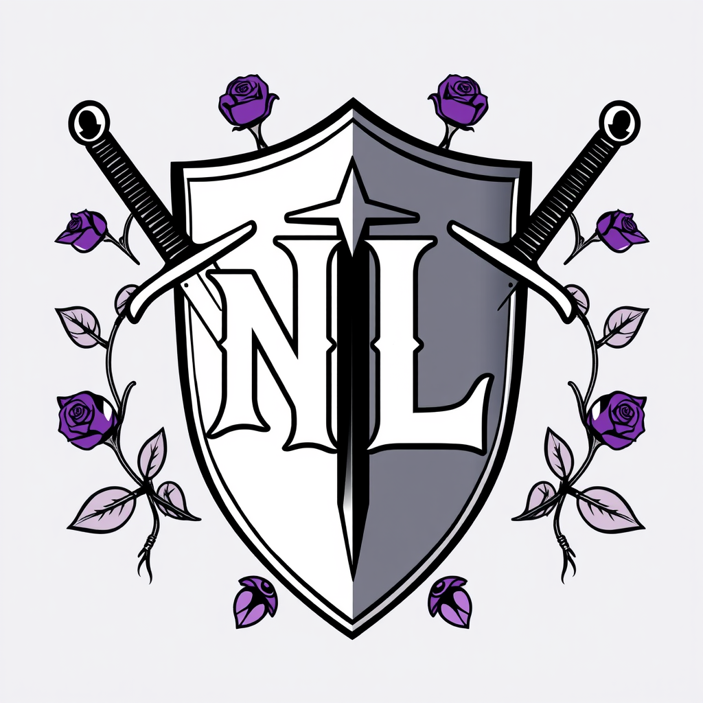 Main logo studio: I have a dj group named Nght-Lyfe and our main color is purple and black. I want to incorporate two swords maybe wrapped in the stems of rose bushes w