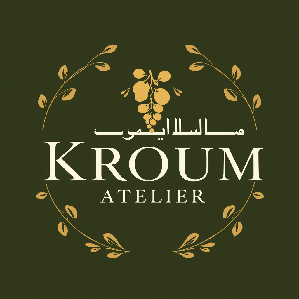 Main logo studio: Create a luxurious, timeless logo for “Kroum Atelier”, a high-end Levantine event planning and tablescaping brand inspired by Bilad Al-Sham. Use deep 