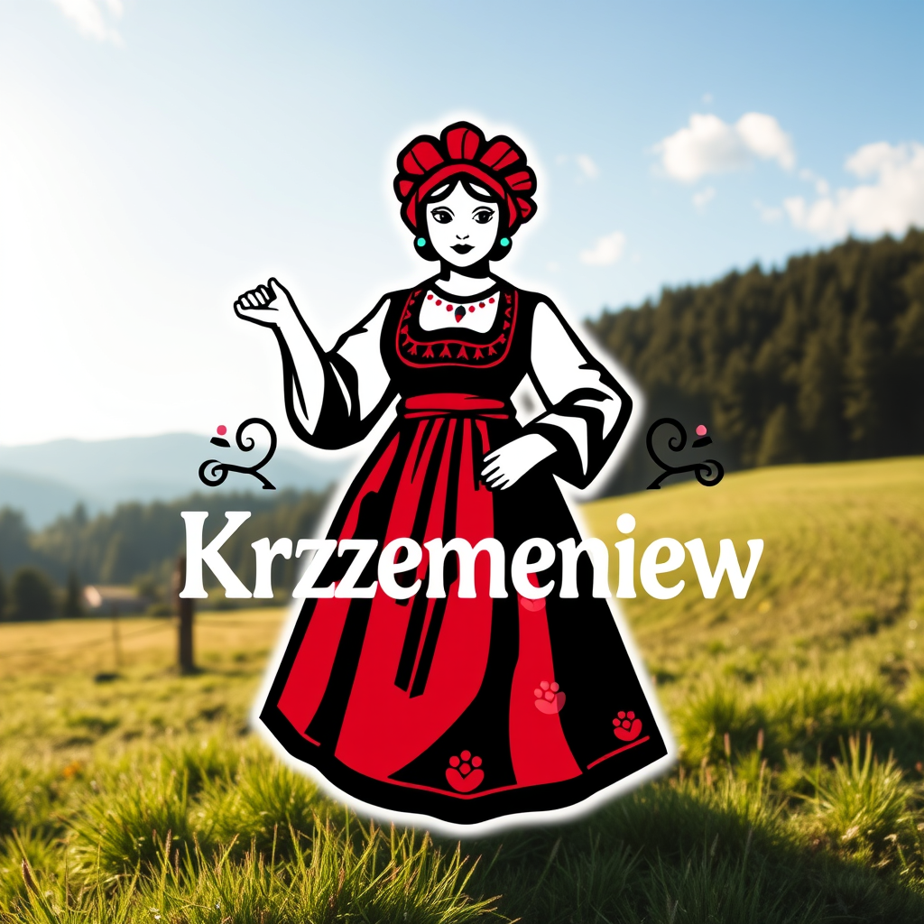 Main logo studio: Zaprojektuj radosne, efektowne logo dla „KGW Krzemieniew”, inspirowane polskimi dożynkami i folklorem. Centralnie umieść wiejską kobietę, otoczonegą w