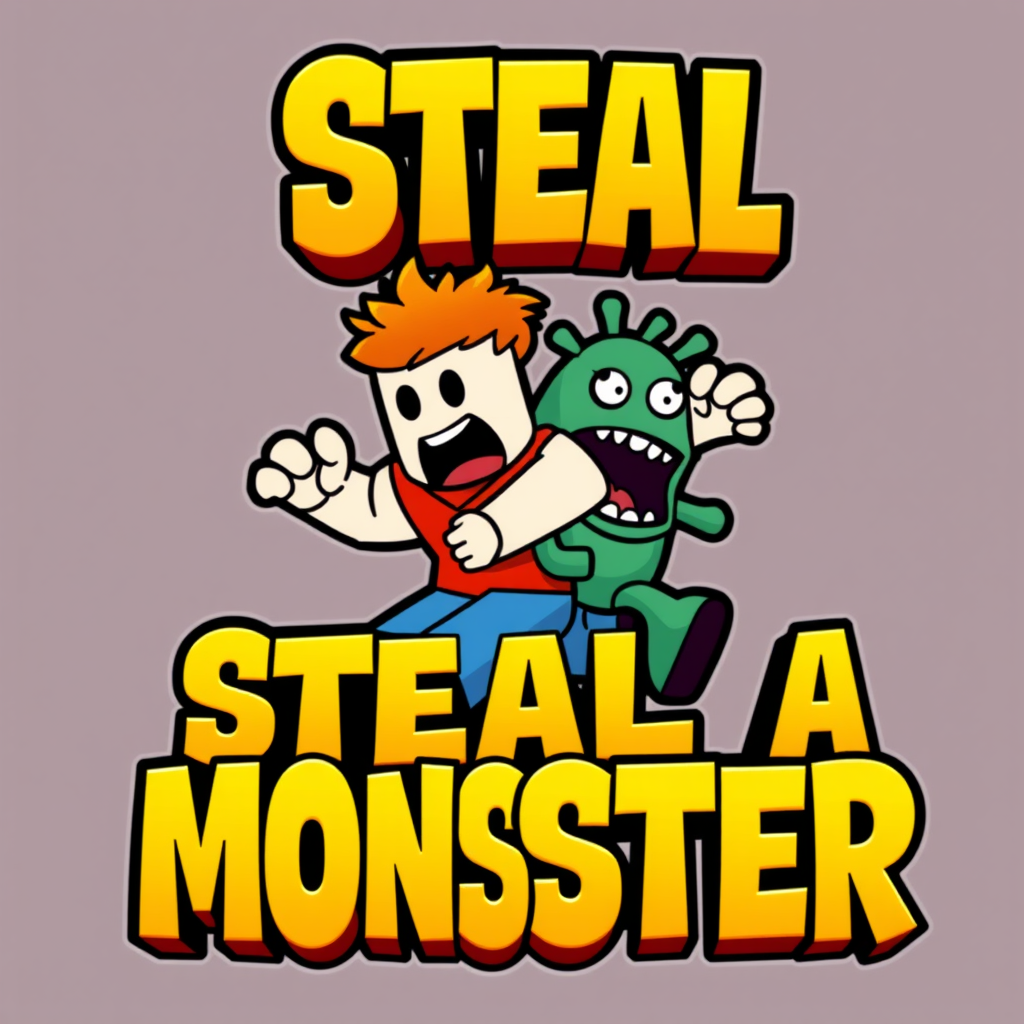 Main logo studio: **Roblox game logo, “STEAL A MONSTER”, funny player grabbing and running away with a cute monster, shocked monster, big 3D cartoon letters, bright col