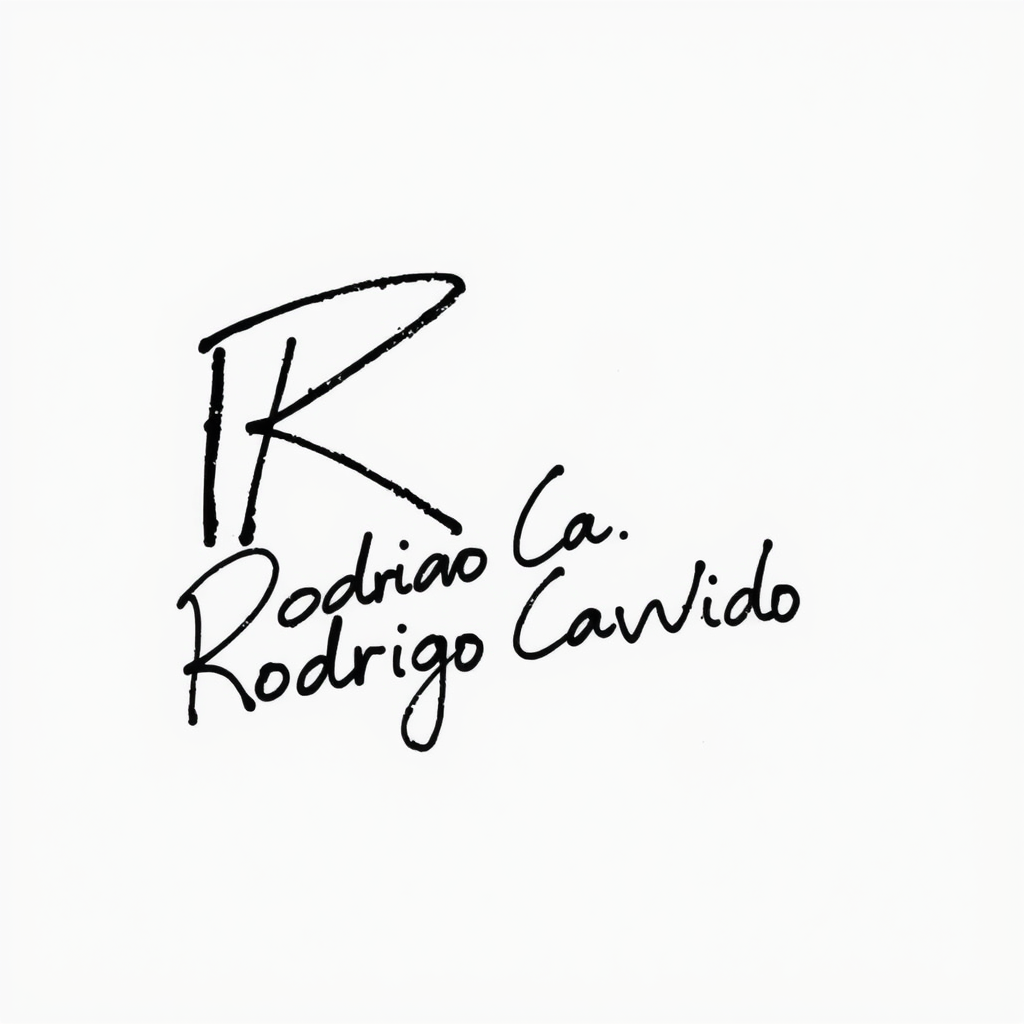 Main logo studio: Create a highly stylized personal autograph for "Rodrigo Cândido". Hand-drawn ink mark, dramatic oversized R, abstract connected strokes, partially il