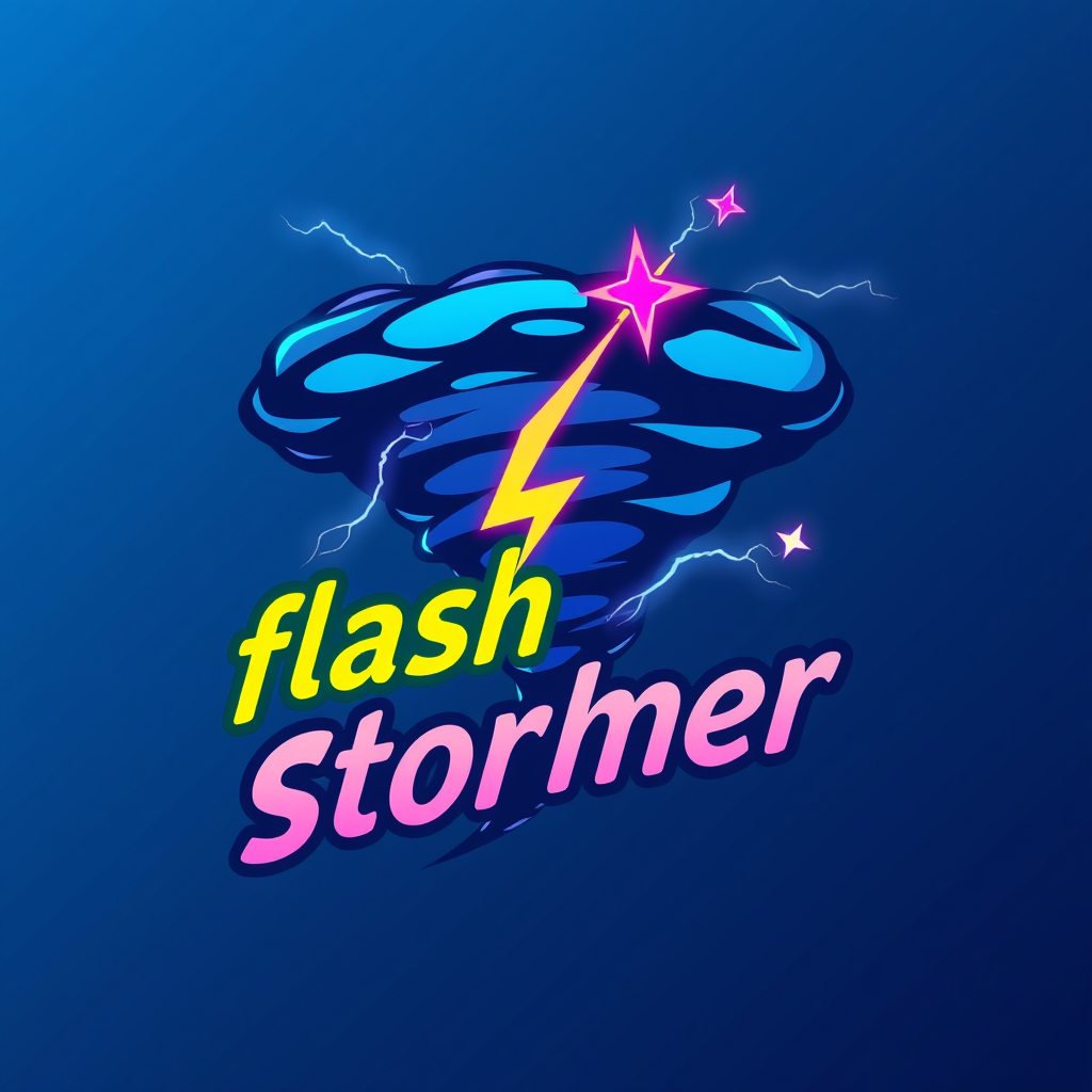 Main logo studio: flash stormer simples logo mit flASH stormer aufschrift drei farbig lila neongelb dunkelblau tornado bestehend aus blitzen ohne sterne mehr blau