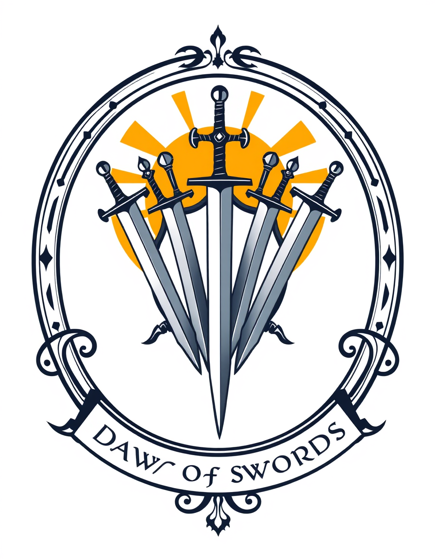 Emblem Logo idea: emblem logo of a guild emblem, The Dawn of Swords, 7 swords, medieval, a sun in the background , intricate crest seal badge design, symmetrical emblem