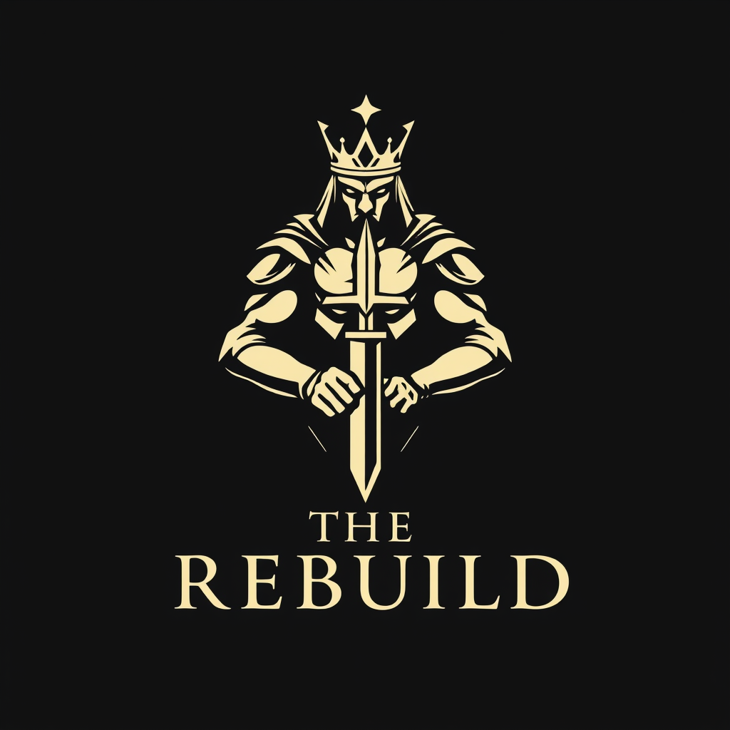Main logo studio: Luxury logo for **THE REBUILD**. Create a powerful emblem of one broken soldier destroying his own former identity and rebuilding himself into a king.