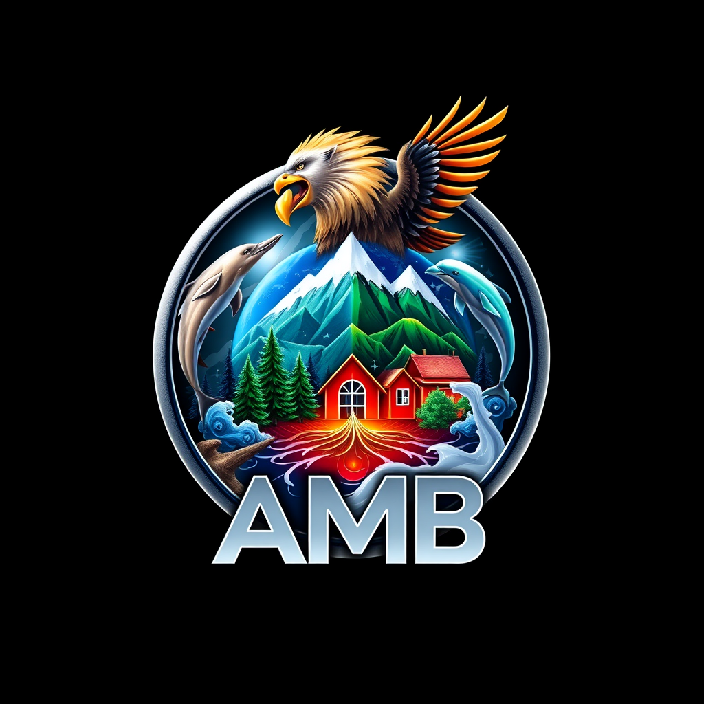Main logo studio: Add to the previous logo: write "Amir Mohamad Bromand", "AMB", one separate "10" and one separate "100". Include a realistic Earth, lion, eagle, dolph