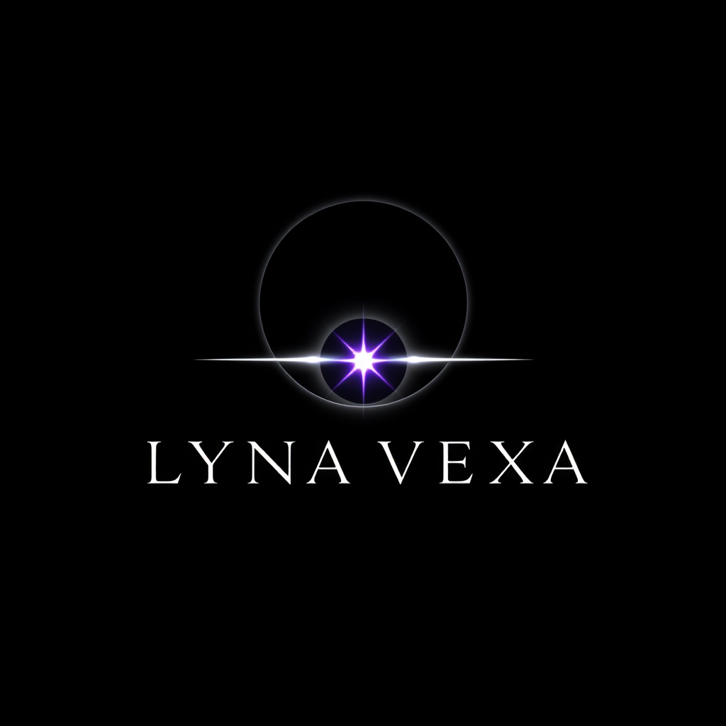 Main logo studio: LYNA VEXA — mysterious eclipse logo, black background, a glowing silver eclipse with a tiny violet star at its center, elegant futuristic lettering, s