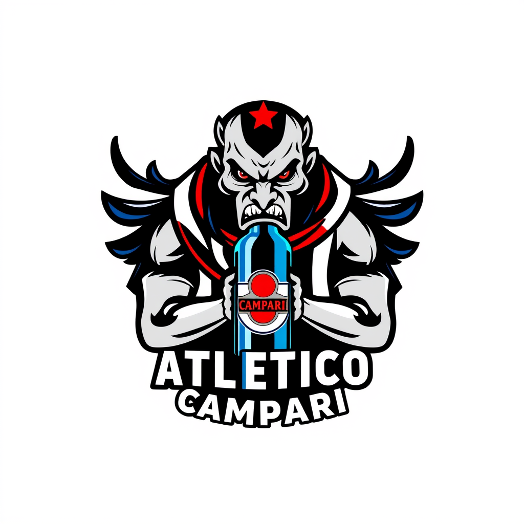 Main logo studio: Stemma per la squadra di calcio "ATLETICO CAMPARI": teschio stilizzato dall'aspetto aggressivo che indossa una sciarpa da tifoso nera e blu, piccola b
