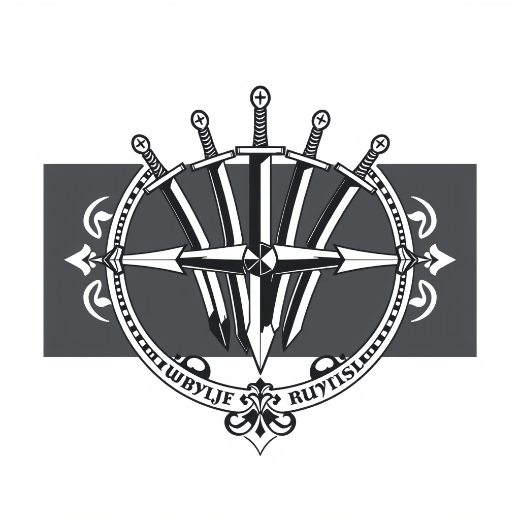 Emblem Logo idea: emblem logo of a guild emblem, The Dawn of Swords, 7 swords, medieval , intricate crest seal badge design, symmetrical emblem, detailed border ornamen