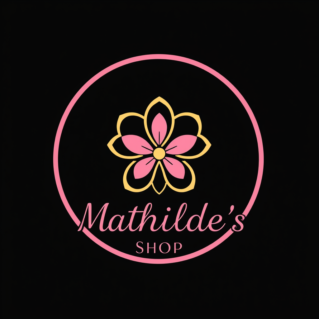 Main logo studio: Elegant jewelry shop logo, one-line flower inside a circle, pink, black and gold, cute and luxurious. Text: “Mathilde’s Shop” the tekst is undre
