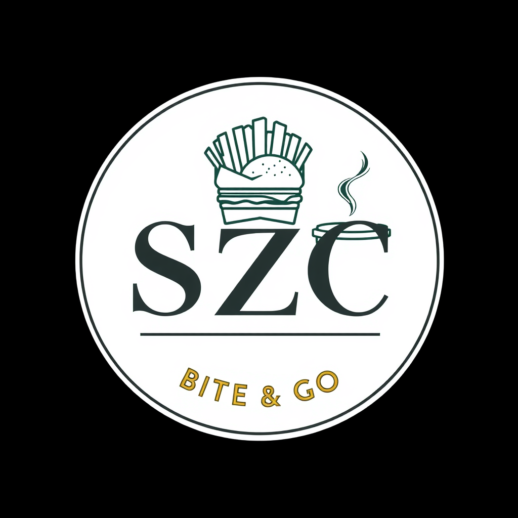 Main logo studio: “SZC BITE & GO logo. Keep S, Z and C fully visible and unchanged. Elegant circular emblem with refined script lettering. White background, charcoal gr