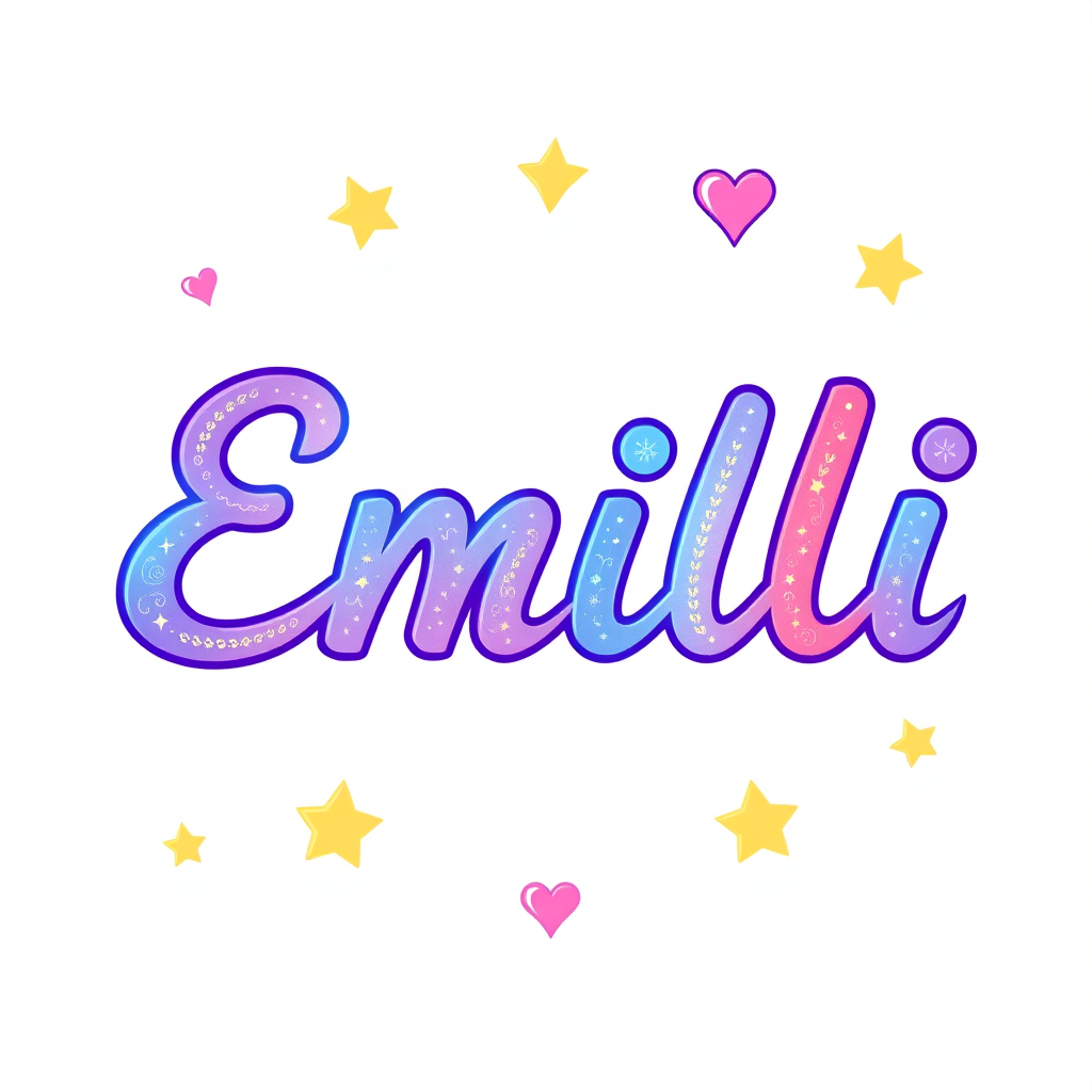 Main logo studio: Nombre: ★EMILI★. Letras: Letras decoradas, Redondeadas y tiernas, Gruesa y llamativa, Cada letra diferente. Colores: Multicolor, Celeste brillante, Li
