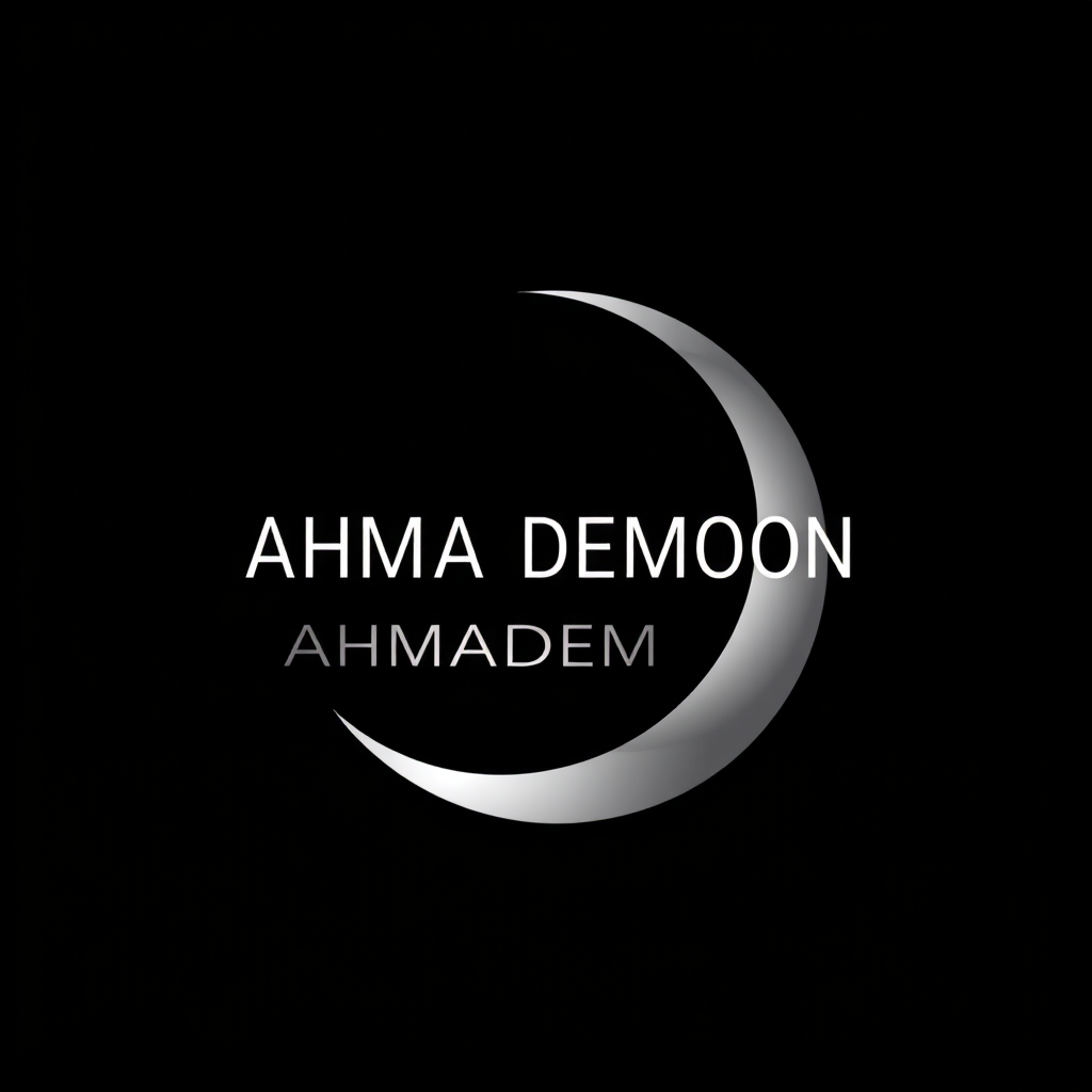 Main logo studio: Elegant minimalist logo for AHMADeMOON, a mysterious crescent moon, black background, white and silver colors, premium and stylish, clean design, cent