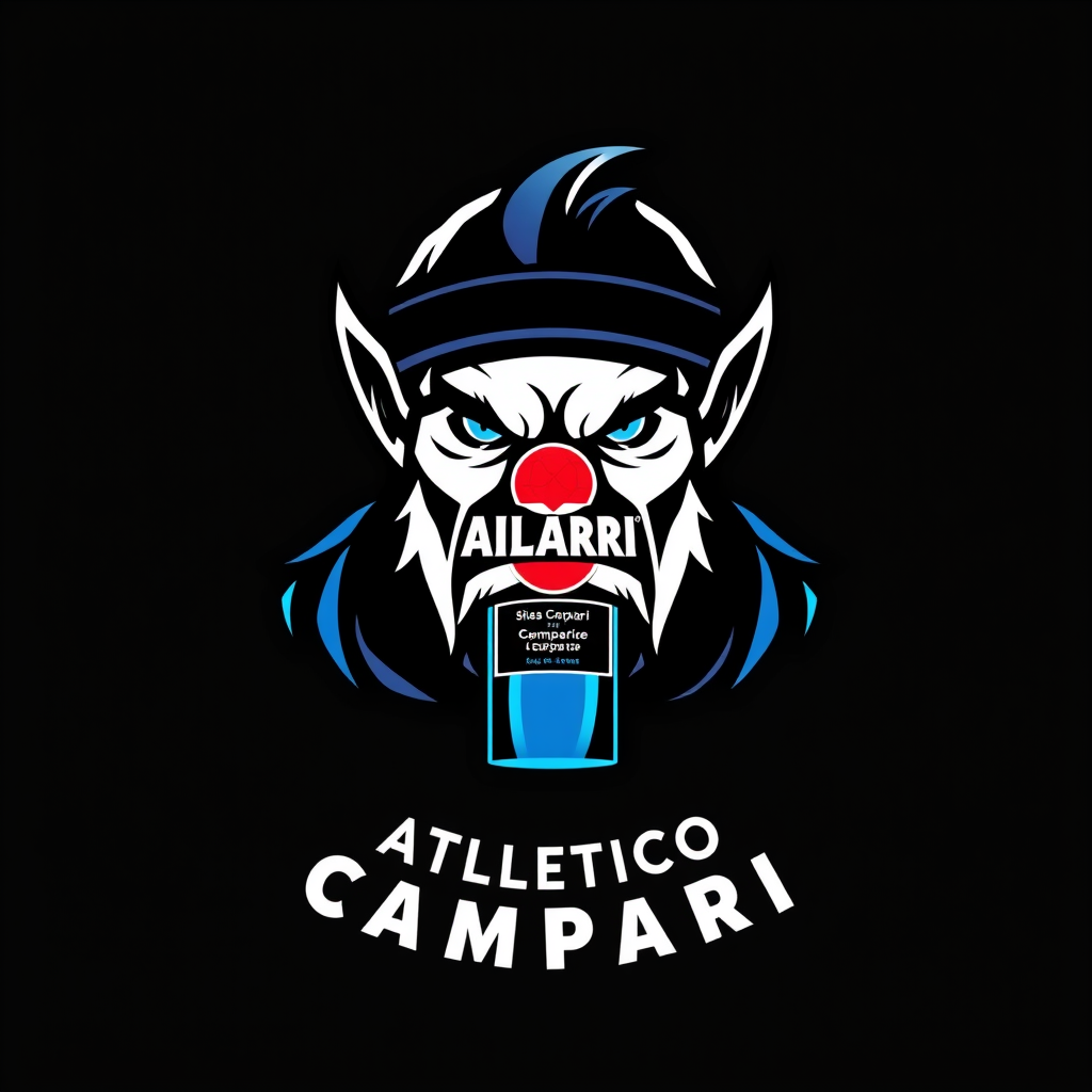 Main logo studio: Stemma per la squadra di calcio "ATLETICO CAMPARI": teschio stilizzato dall'aspetto aggressivo che indossa una sciarpa da tifoso nera e blu, piccola b