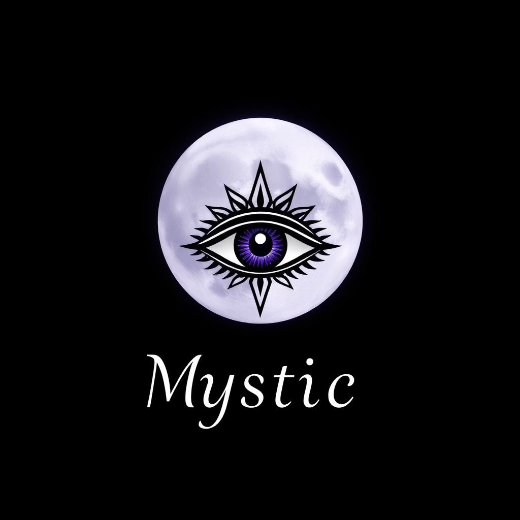 Main logo studio: Mystical cosmic brand, luminous full moon, subtle third eye, black background, silver and deep violet, feminine, mysterious, modern, elegant, edgy, pr
