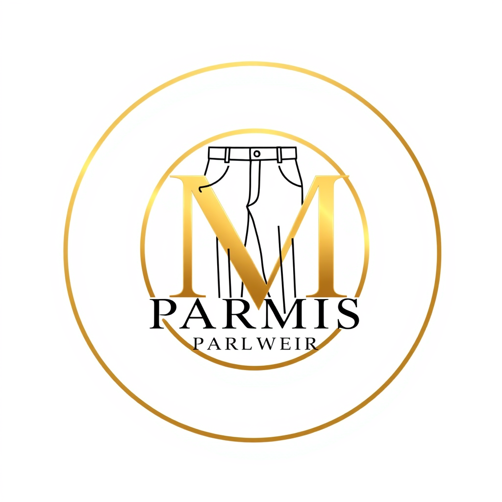 Monogram Logo idea: monogram logo combining the letters Create a luxury fashion logo for PARMIS wear. Pure white background, genuine metallic gold lettering, subtle black