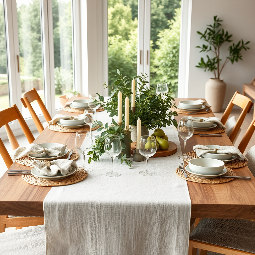 Main logo studio: Create a photorealistic, nature-inspired dining table setting with a fresh, peaceful, and inviting atmosphere. Use a calming palette of sage green, ol