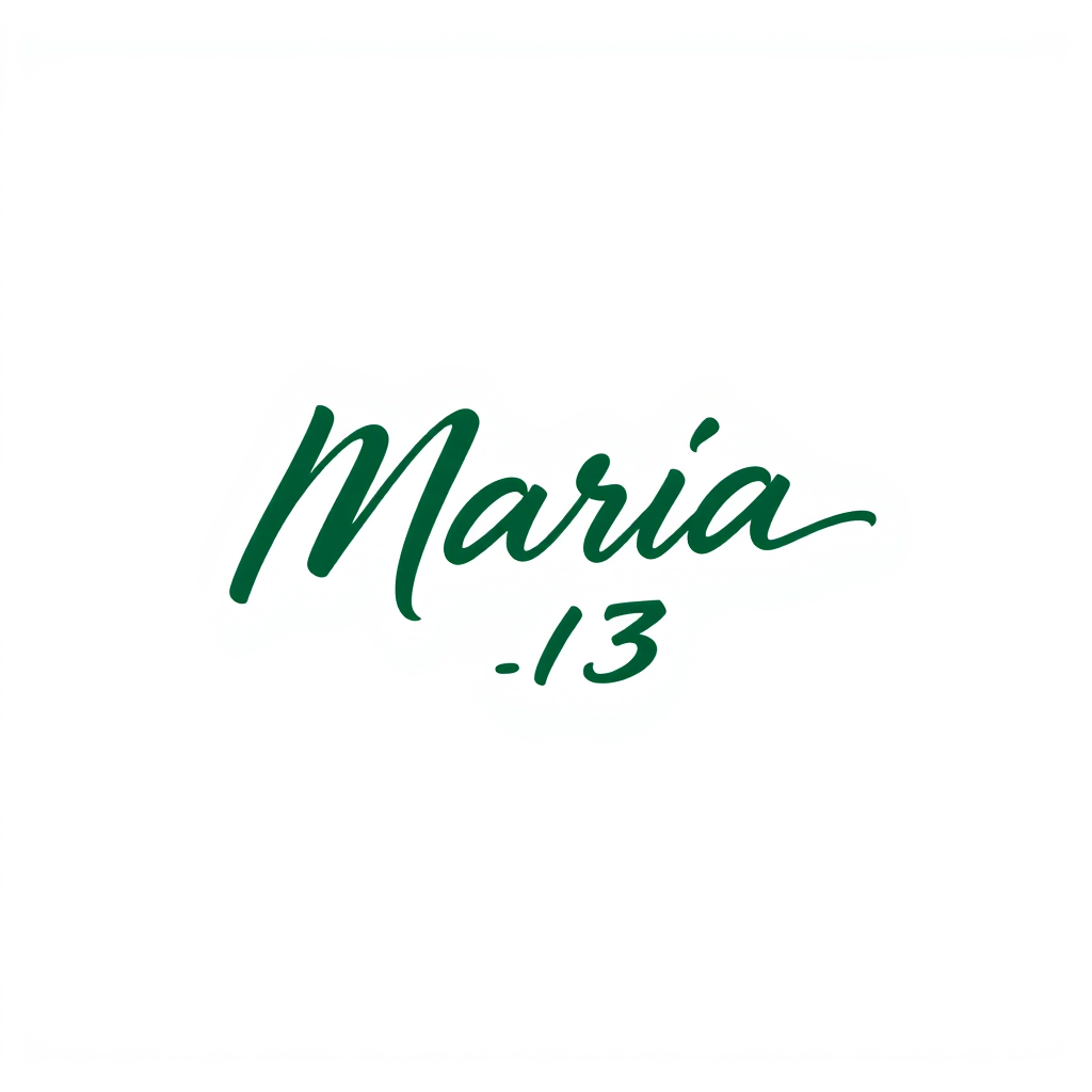 Signature Logo idea: signature logo of the name María S_13 in dark green colour. It should be like a professional artistic sign , elegant handwritten calligraphy, flowing