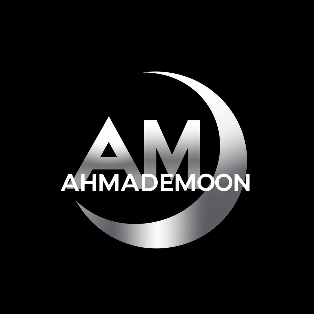 Main logo studio: Premium minimalist emblem logo for “AHMADeMOON”. Create a powerful custom symbol using the letters “A” and “M” merged with a crescent moon. Black circ