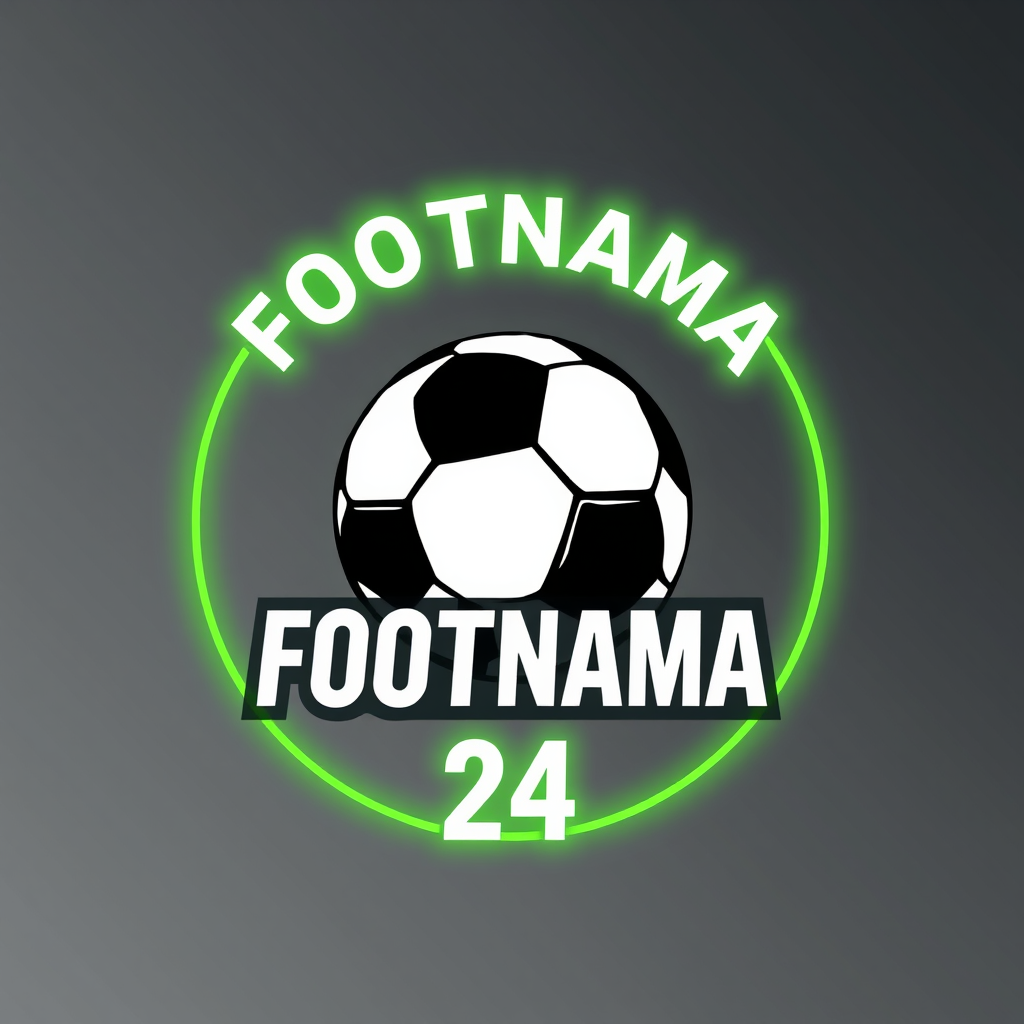 Main logo studio: A single neon green circular football logo. A black and white soccer ball in the center. Bold white text "FOOTNAMA 24" inside the circle. Modern, clea