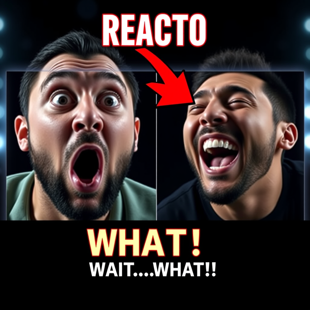 Main logo studio: Create a professional viral YouTube reaction thumbnail for REACTO. Use two large expressive faces, one surprised and one laughing, with a dramatic spl